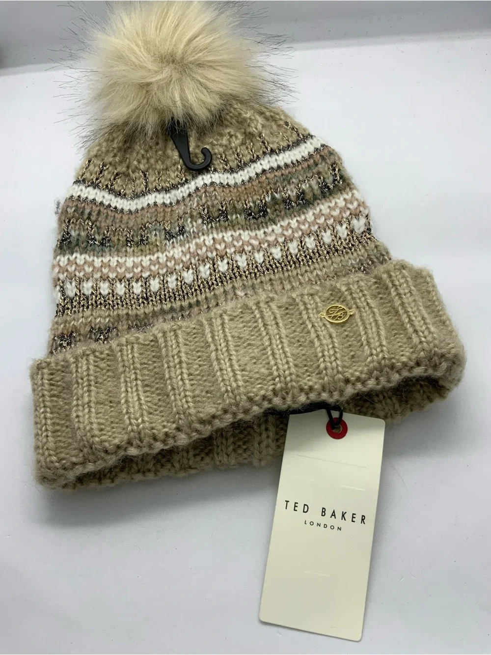 Ted Baker Neutral Fair Isle Pom-Pom Beanie - Beige & Cream